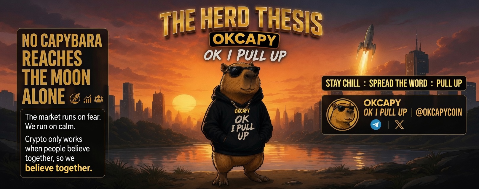 The Herd Thesis poster: OKCAPY capybara with the message no capybara reaches the moon alone