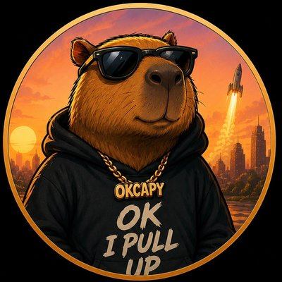 OKCAPY mascot: a relaxed capybara in sunglasses and a black OK I PULL UP hoodie
